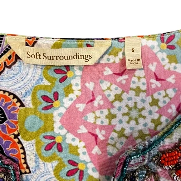 Soft Surroundings Boho Beaded Paisley Floral Tunic Top Blue Pink Womens Small - Picture 4 of 11